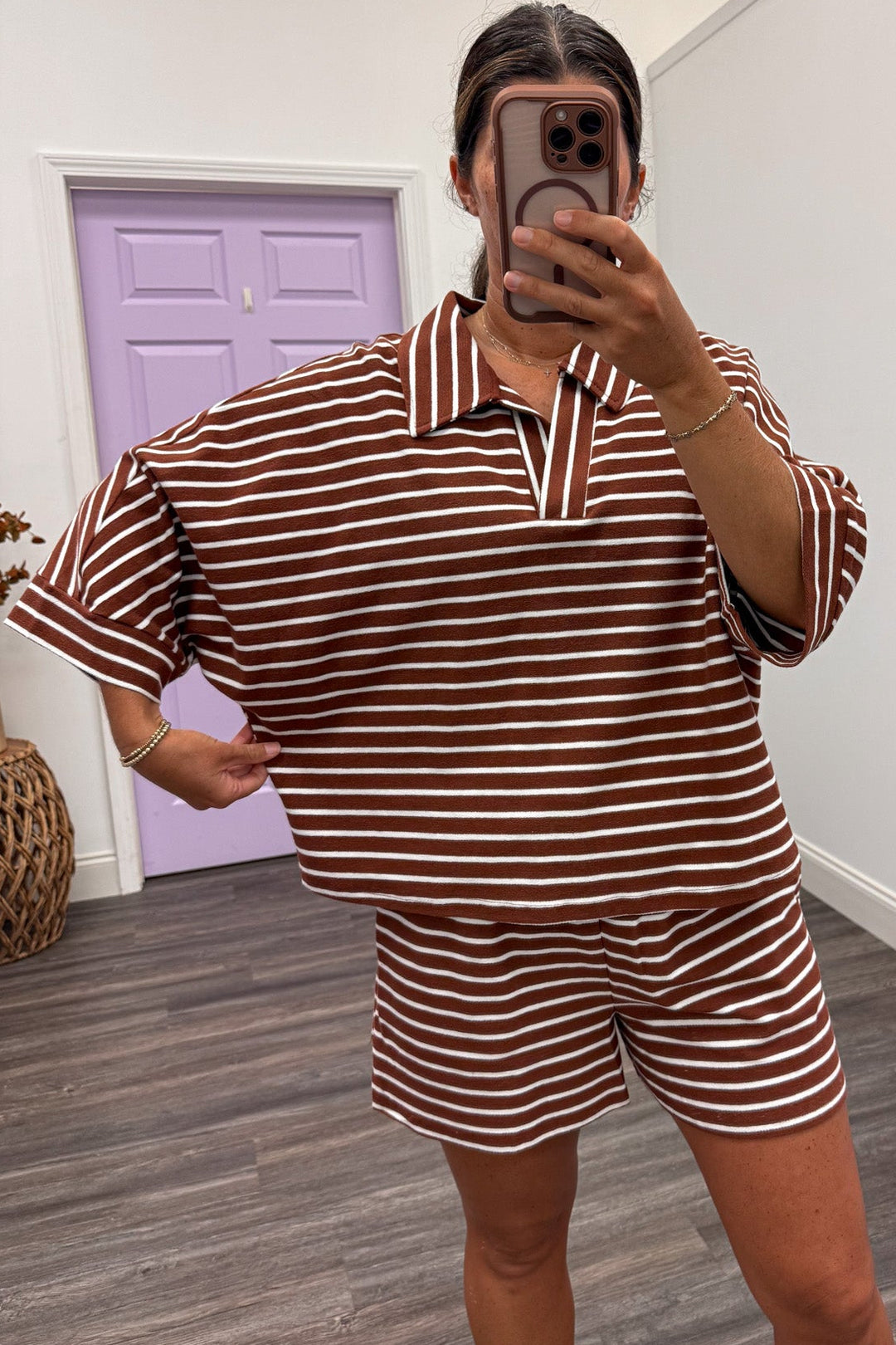 brown and white horizontal striped relaxed silhouette top and shorts knit matching loungewear set