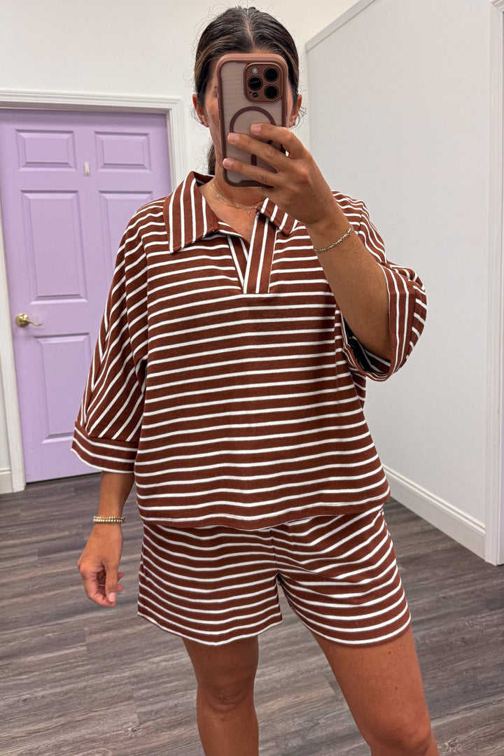 brown and white horizontal striped v neckline top and shorts knit matching loungewear set