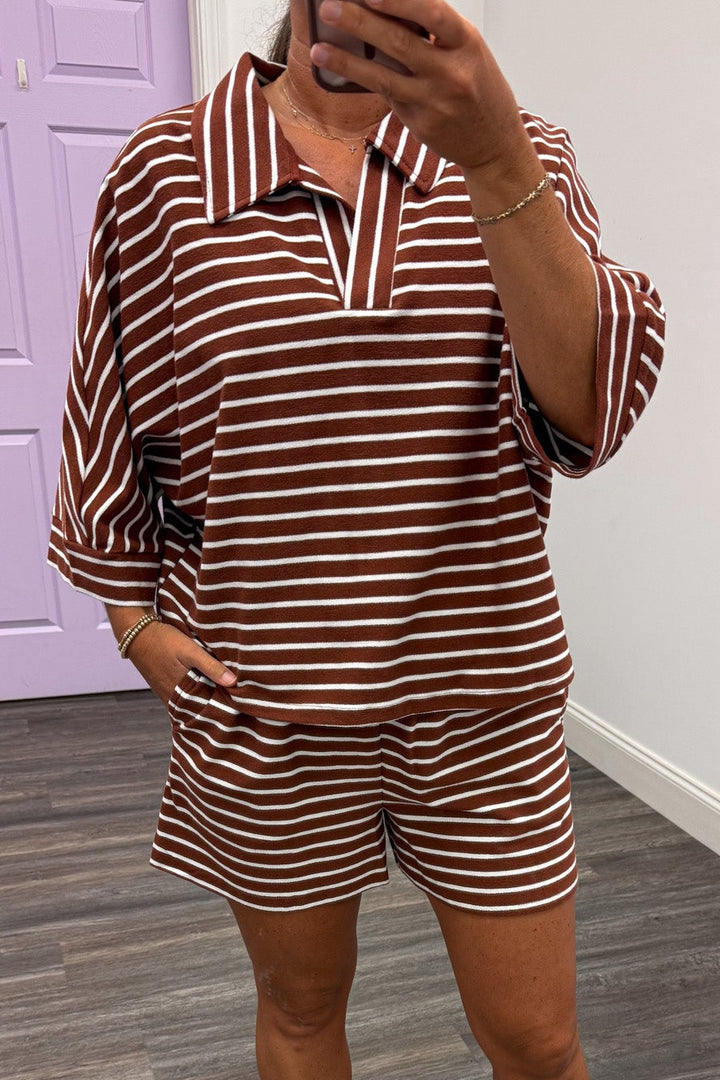 brown and white horizontal striped collared neck top and shorts knit matching loungewear set