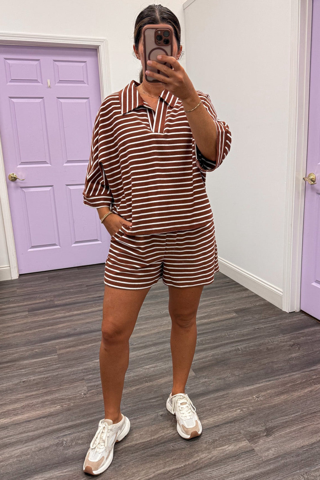 brown and white horizontal striped top and shorts knit matching loungewear set