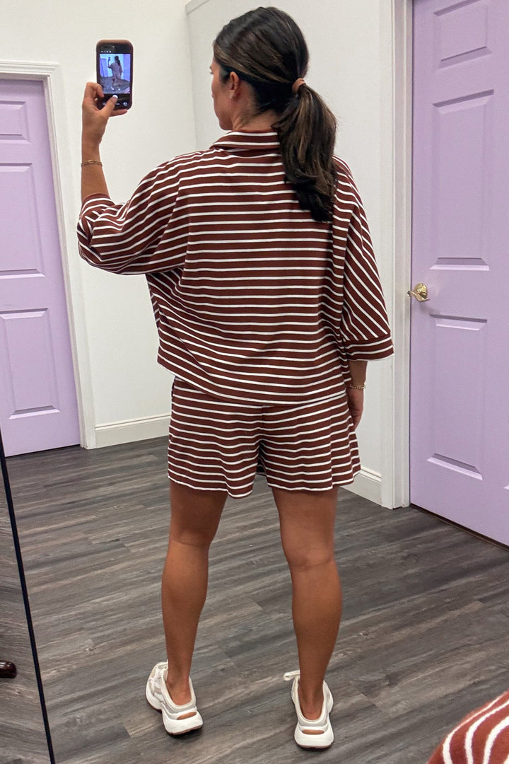brown and white horizontal striped top and wide leg shorts knit matching loungewear set