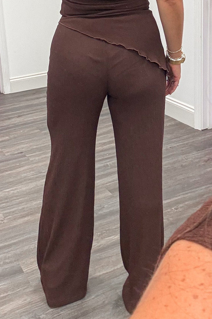 chocolate brown elastic waistband high waisted wide leg pants