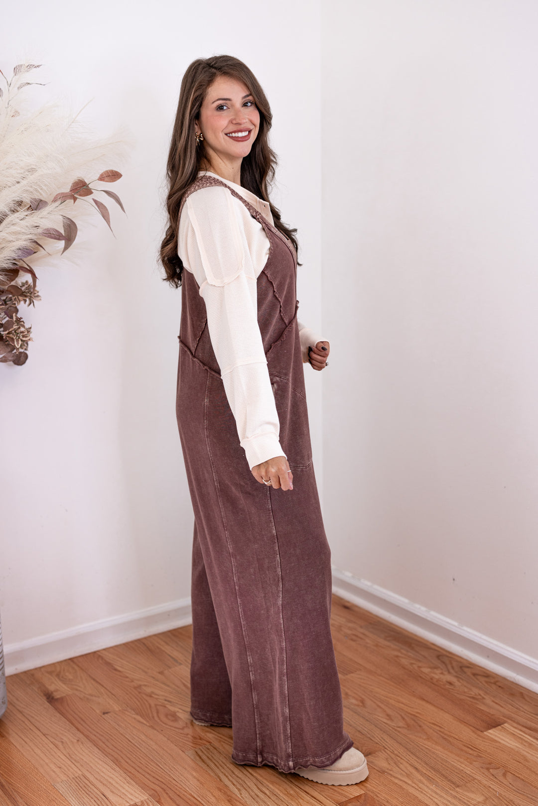easel brown knit wide leg jumpsuit