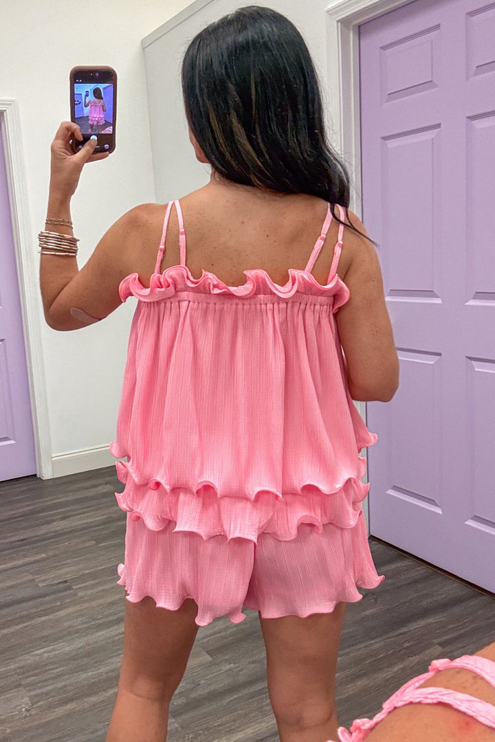 solid bubblegum pink two piece set with sleeveless ruffle tiered cami top