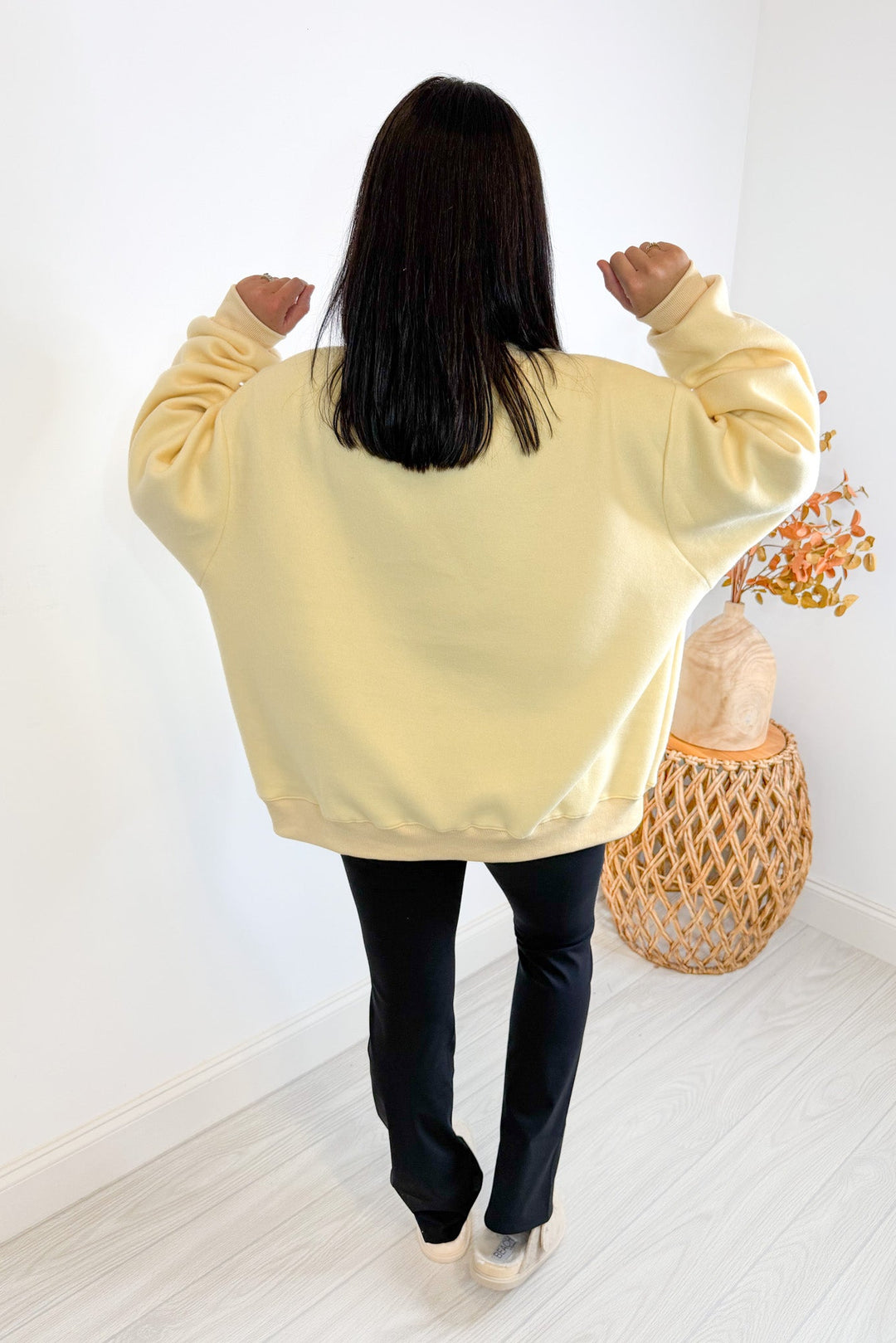 mock neck oversized god is good butter yellow sweatshirt back
