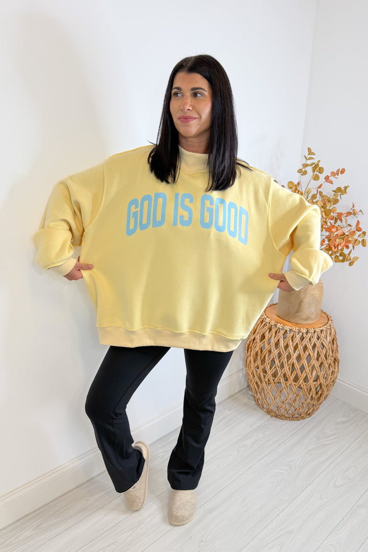 mock neck oversized god is good butter yellow sweatshirt width