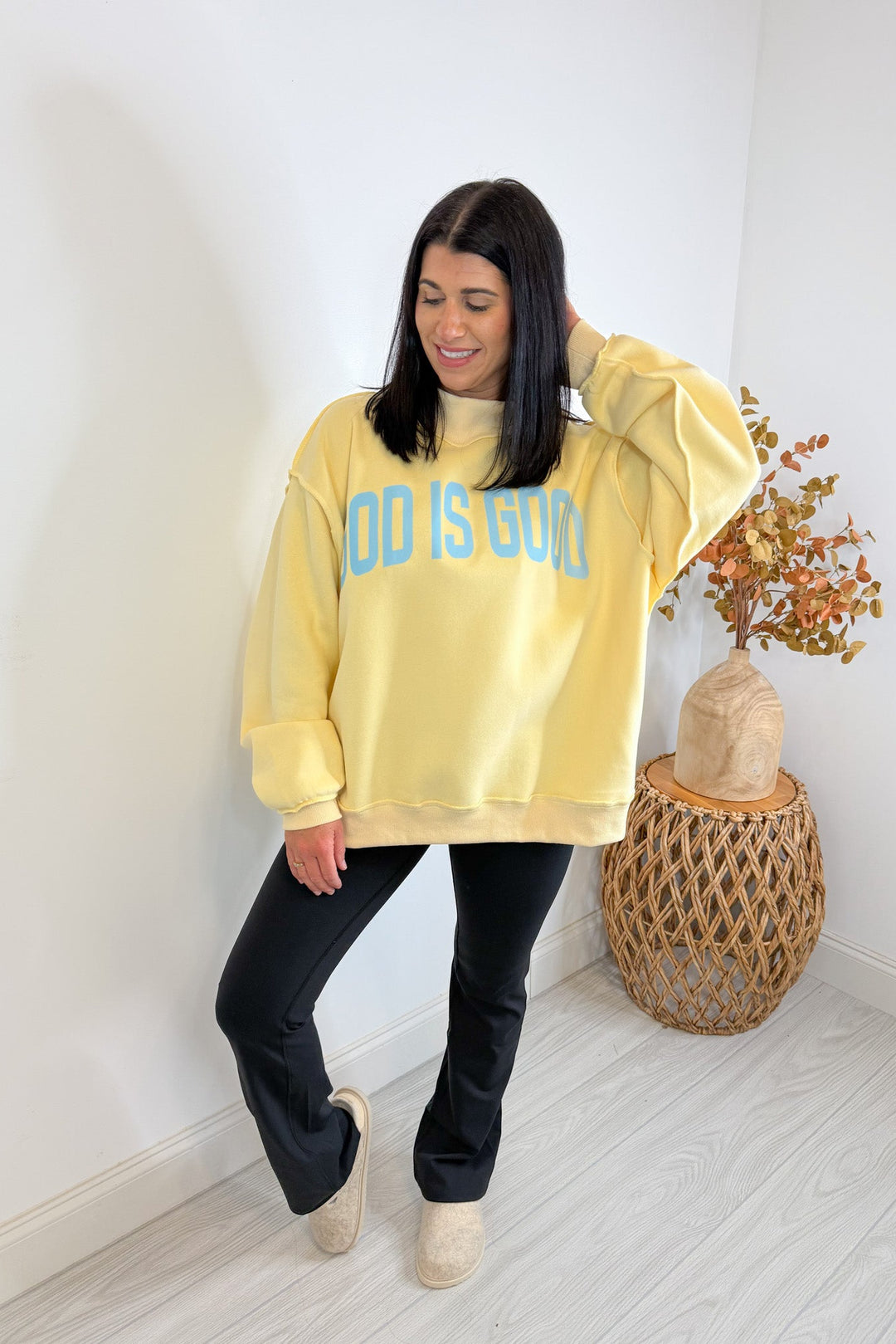 mock neck oversized god is good butter yellow sweatshirt details
