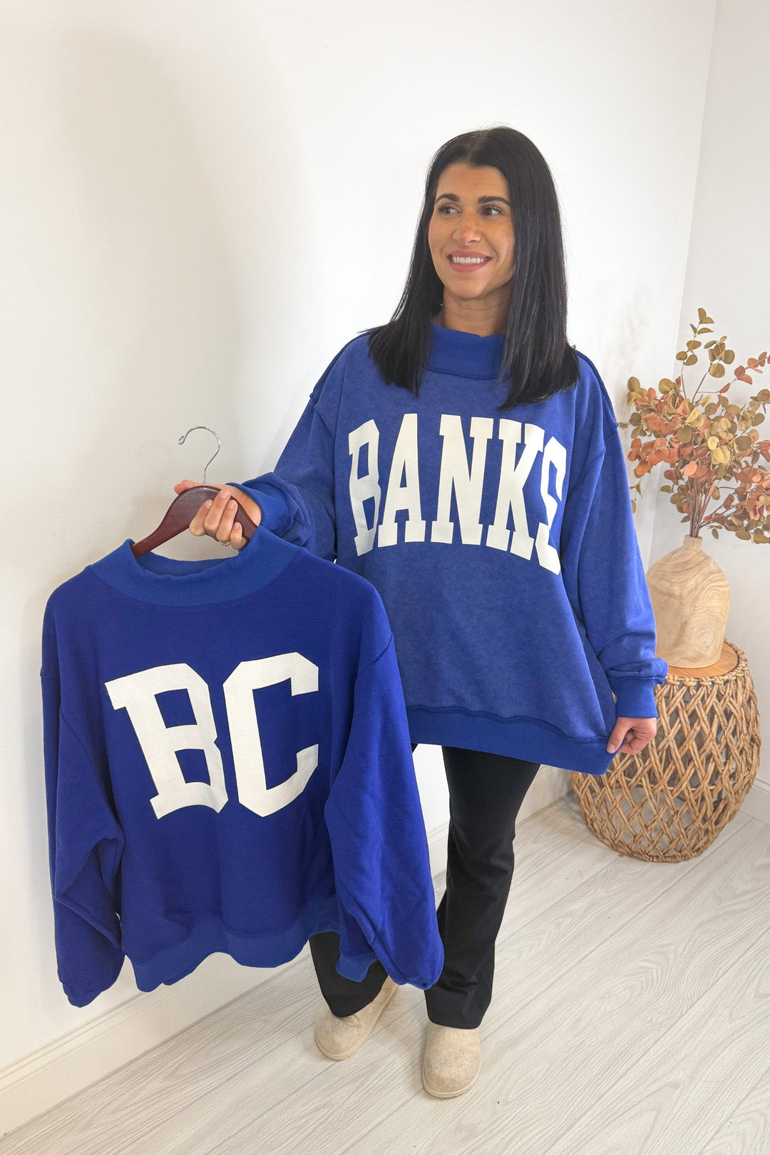 bucketlist mock neck royal blue oversized sweatshirt twice