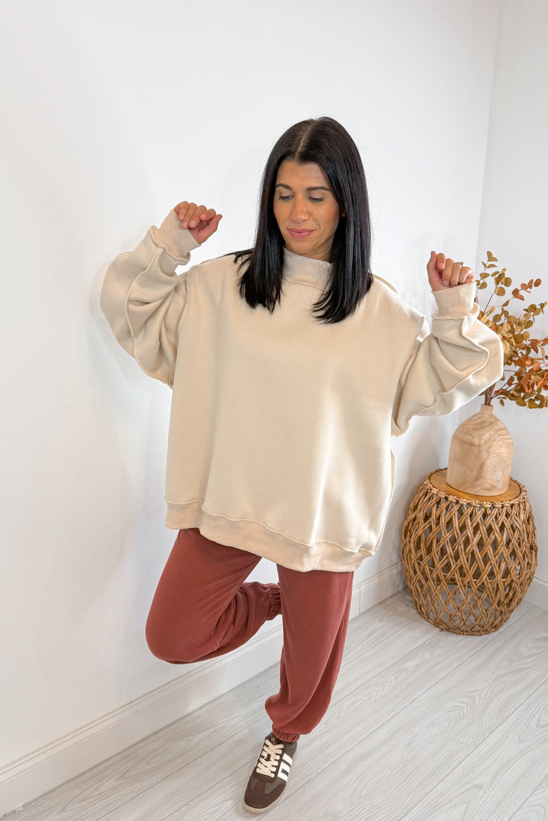 bucketlist oversized mock neck natural sand sweatshirt width