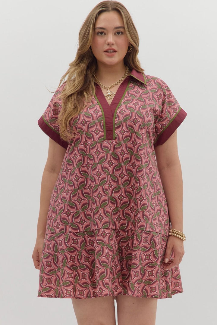 Women's burgundy, salmon and olive green abstract print dress in plus by Entro