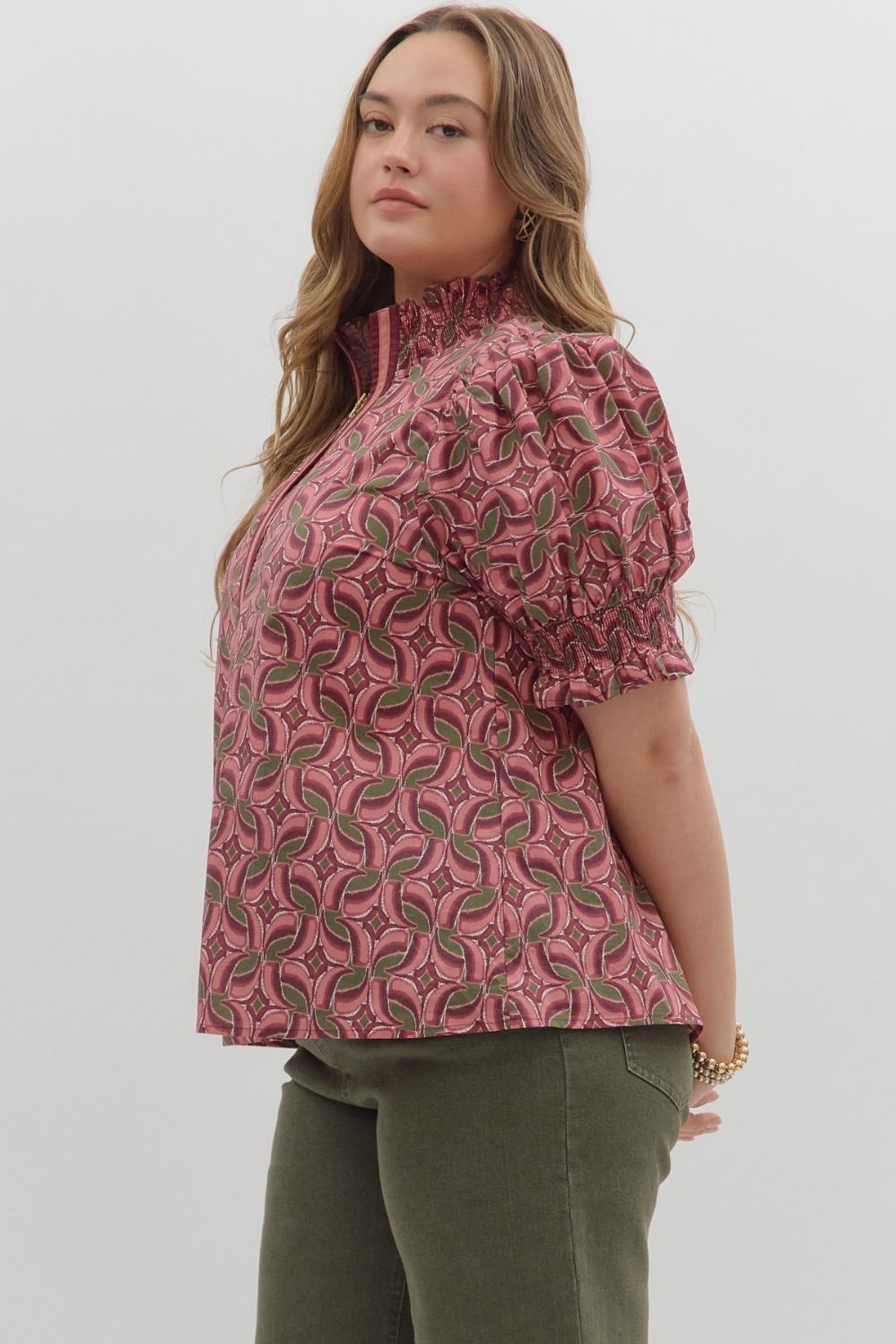 Women's burgundy wine poplin top with abstract print by Entro in plus showing side view