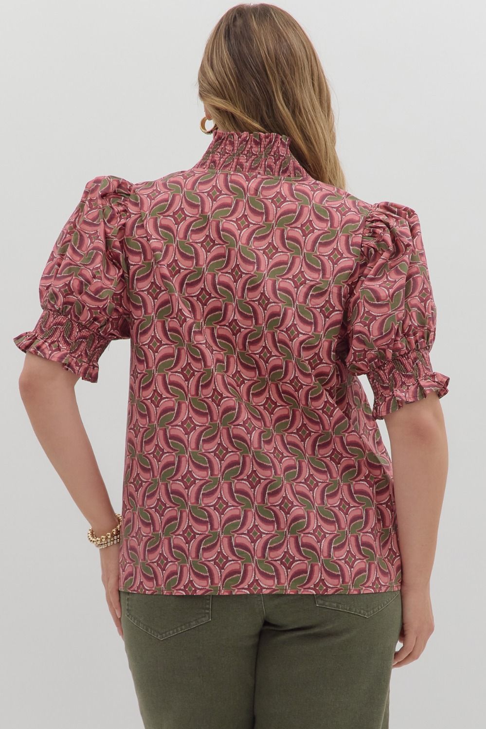 Women's burgundy wine poplin top with abstract print by Entro in plus showing back view