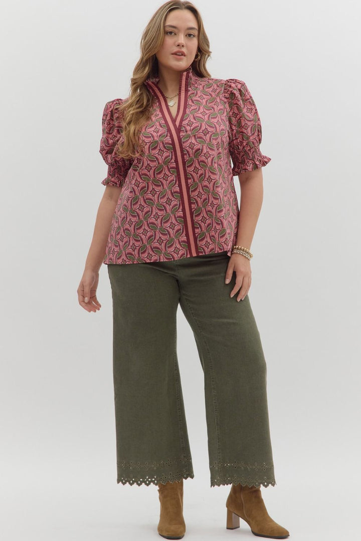 Women's burgundy wine poplin top with abstract print by Entro in plus showing full front view