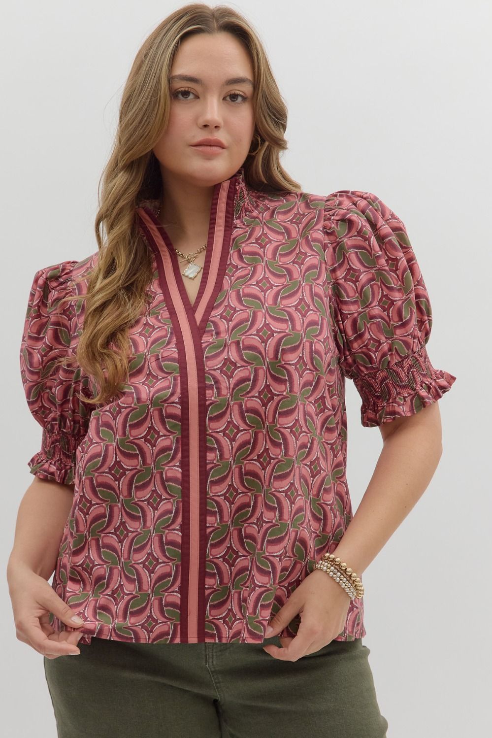 Women's burgundy wine poplin top with abstract print by Entro in plus