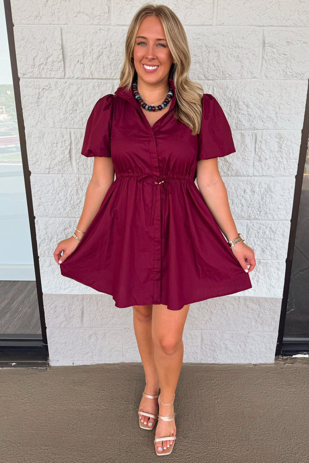 solid burgundy button front puff sleeve cinch waist flowy cotton poplin short dress