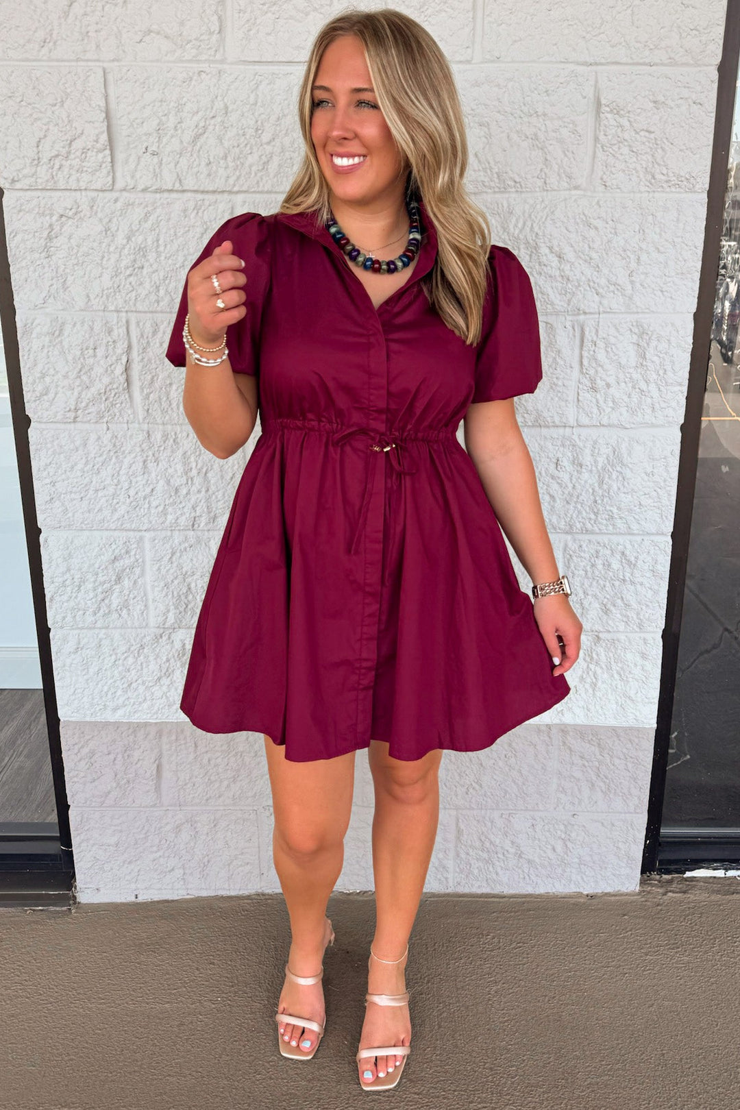 solid burgundy button front mock neck puff sleeve cinch waist cotton poplin short dress