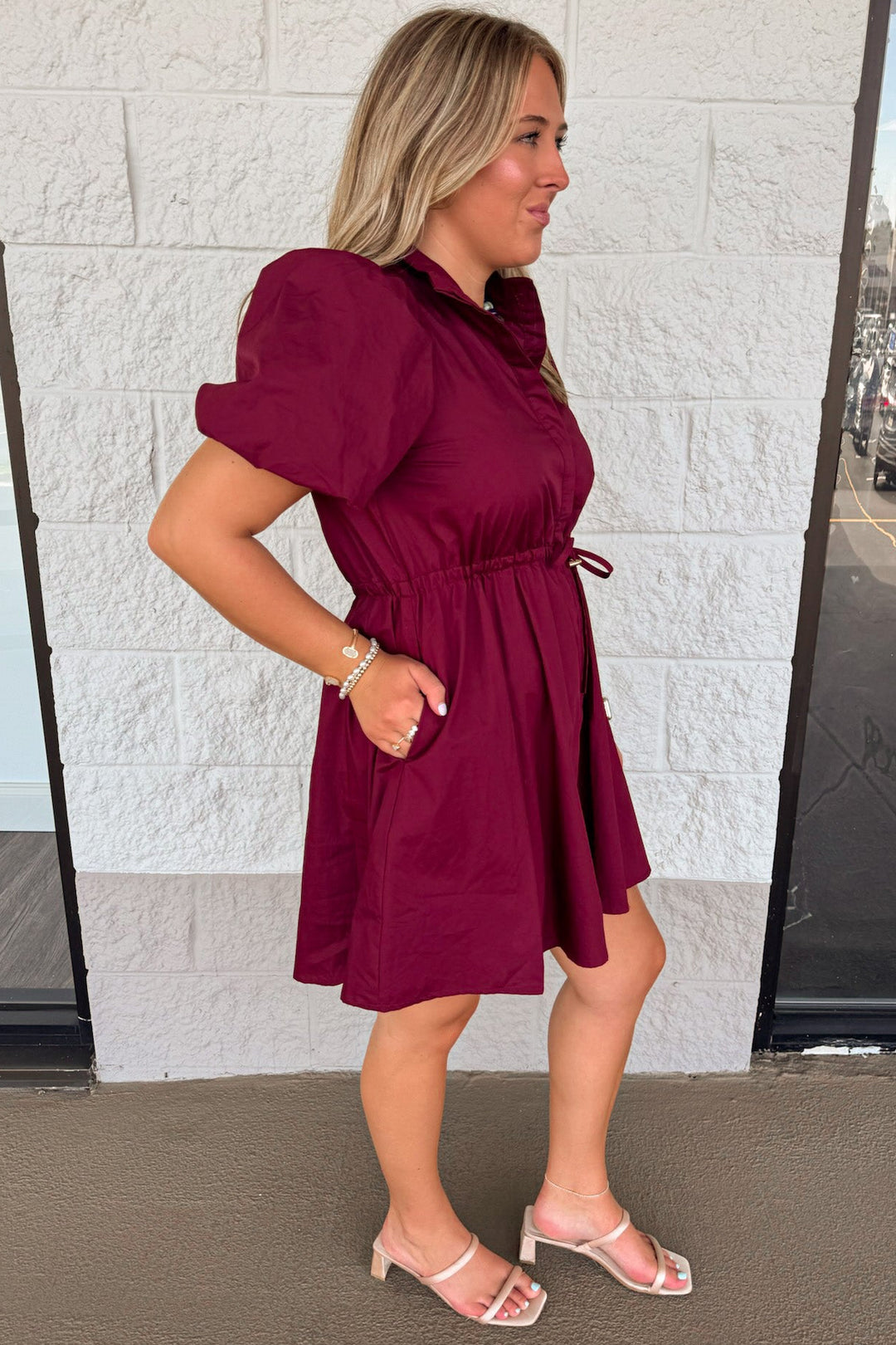 solid burgundy button front puff sleeve cinch waist cotton poplin short dress with side pockets