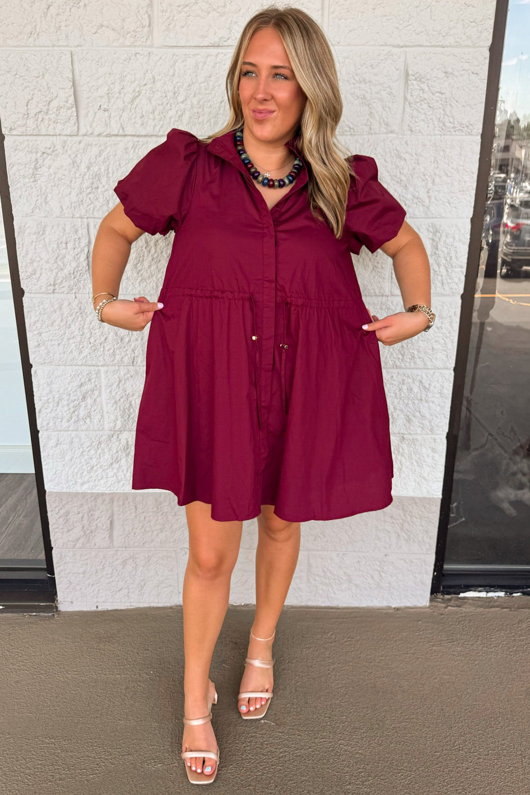 solid burgundy button front puff sleeve cinch waist relaxed fit cotton poplin short dress