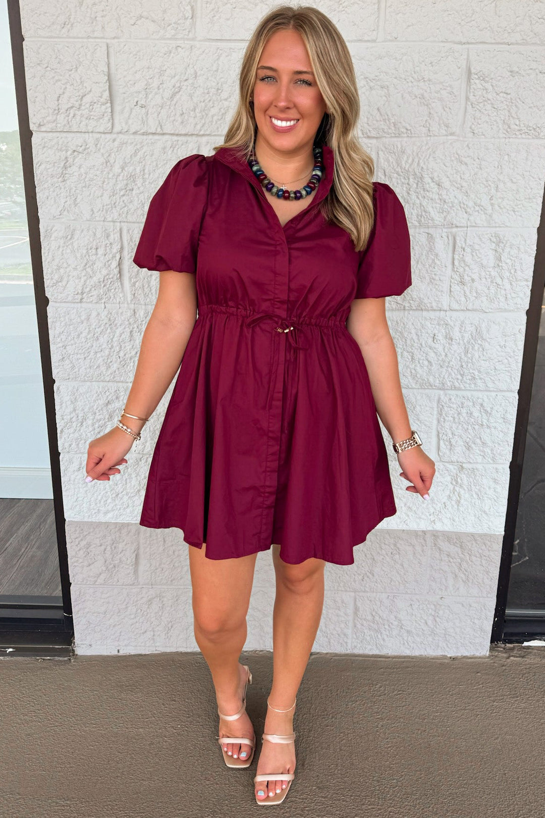 solid burgundy button front puff sleeve cinch waist cotton poplin short dress