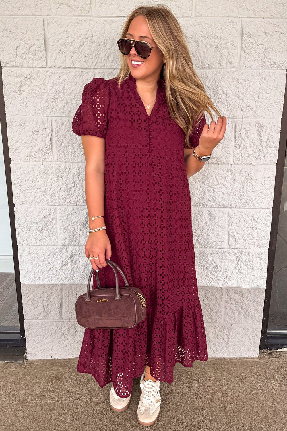 solid burgundy with embroidered eyelet details short puff sleeve maxi dress