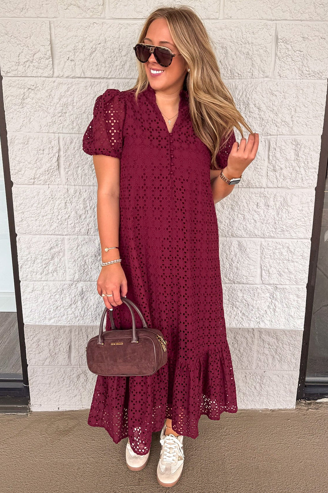 solid burgundy with embroidered eyelet details short puff sleeve maxi dress