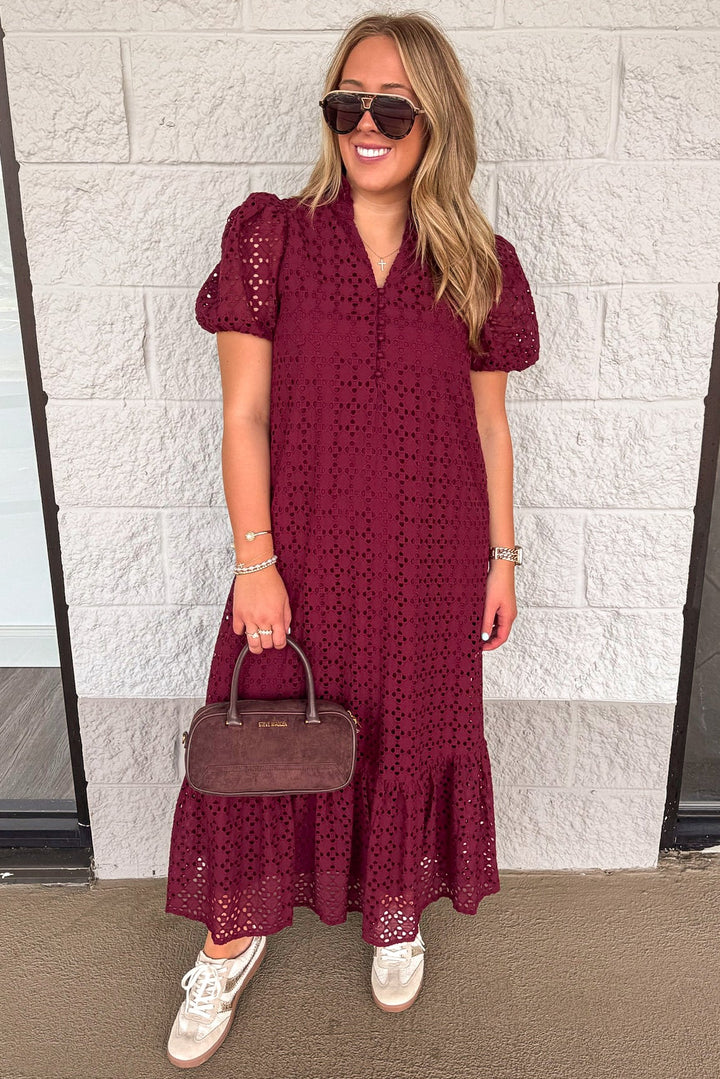 solid burgundy with embroidered eyelet details short sleeve button bodice maxi dress