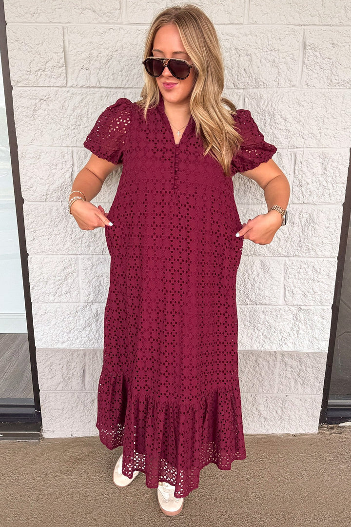 solid burgundy with embroidered eyelet details short sleeve relaxed silhouette maxi dress