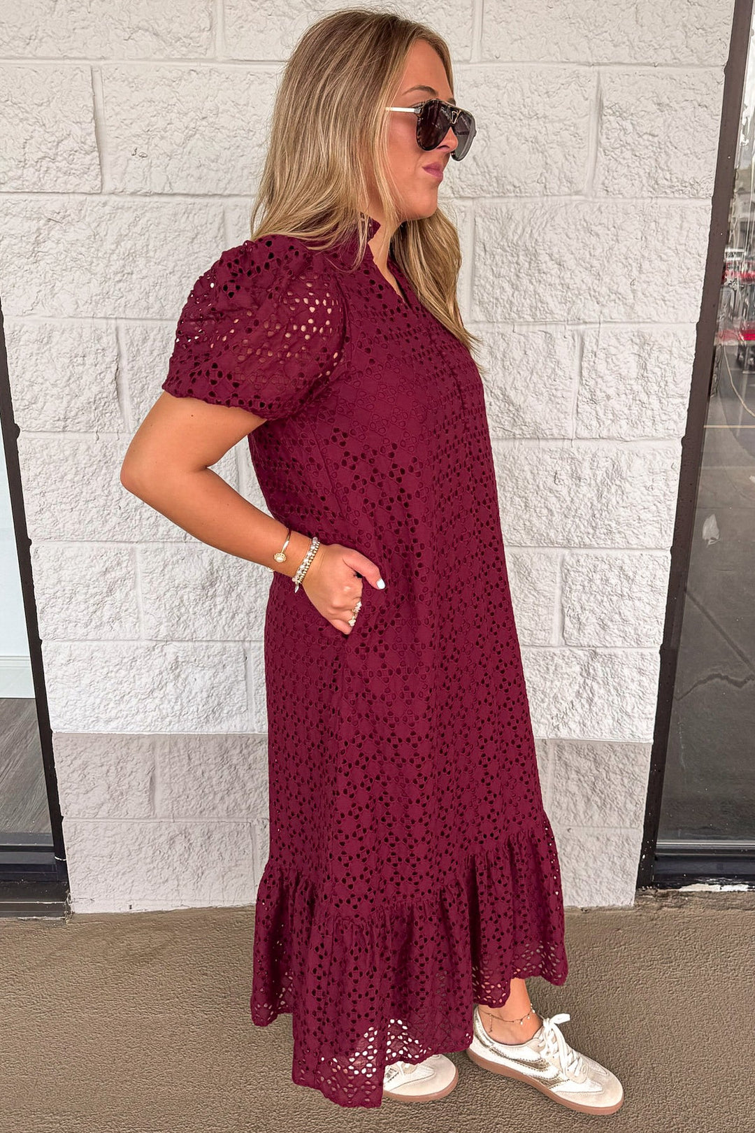 solid burgundy with embroidered eyelet details short sleeve maxi dress with side pockets