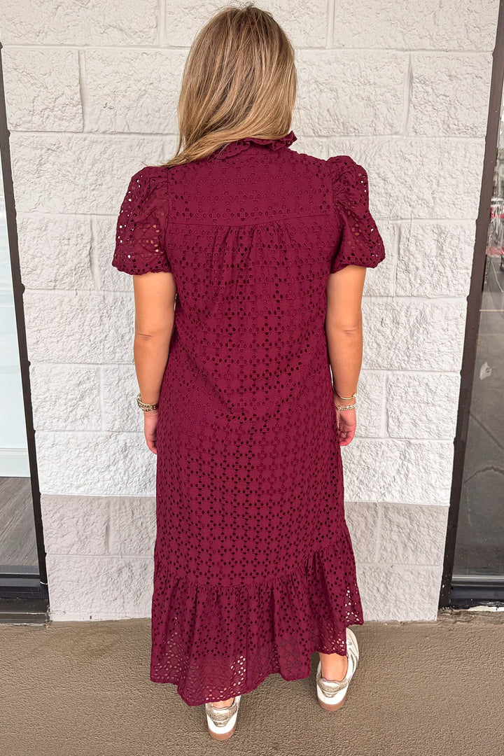 solid burgundy with embroidered eyelet details short sleeve ruffled hem cotton maxi dress