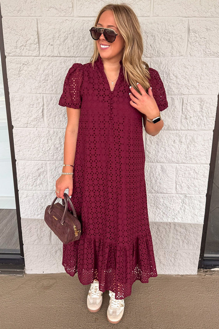 solid burgundy with embroidered eyelet details short sleeve maxi dress
