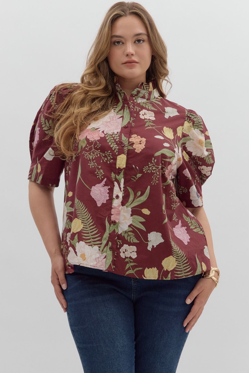 Women's burgundy floral print button front top by Entro in plus size