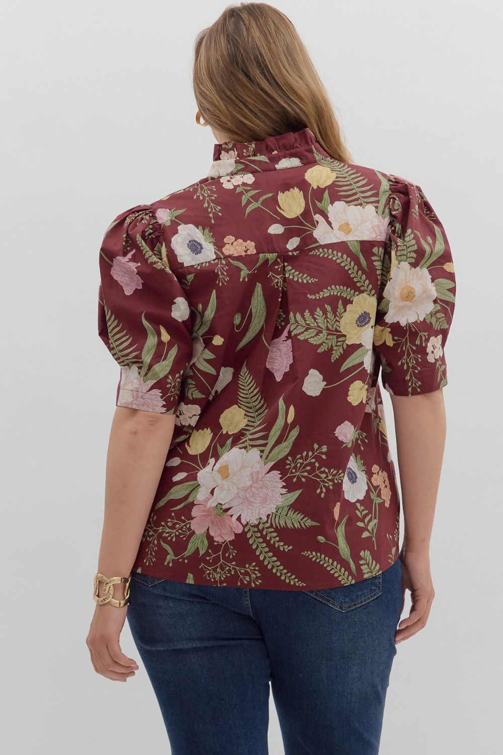 Women's burgundy floral print button front top by Entro, showing back view