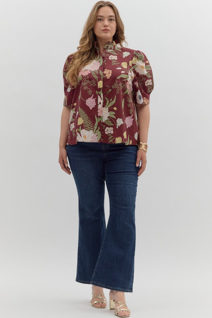 Women's lightweight burgundy floral button front top by Entro showing full front view