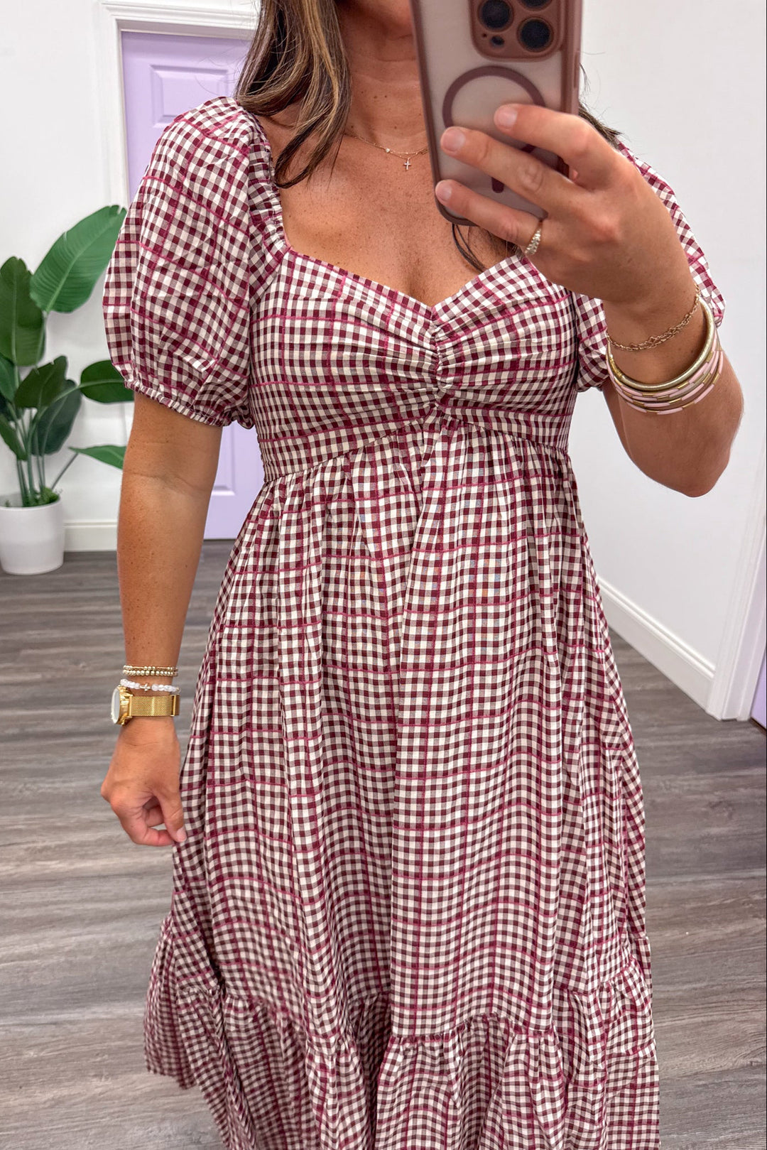 burgundy ivory gingham smocked chest back midi dress up close