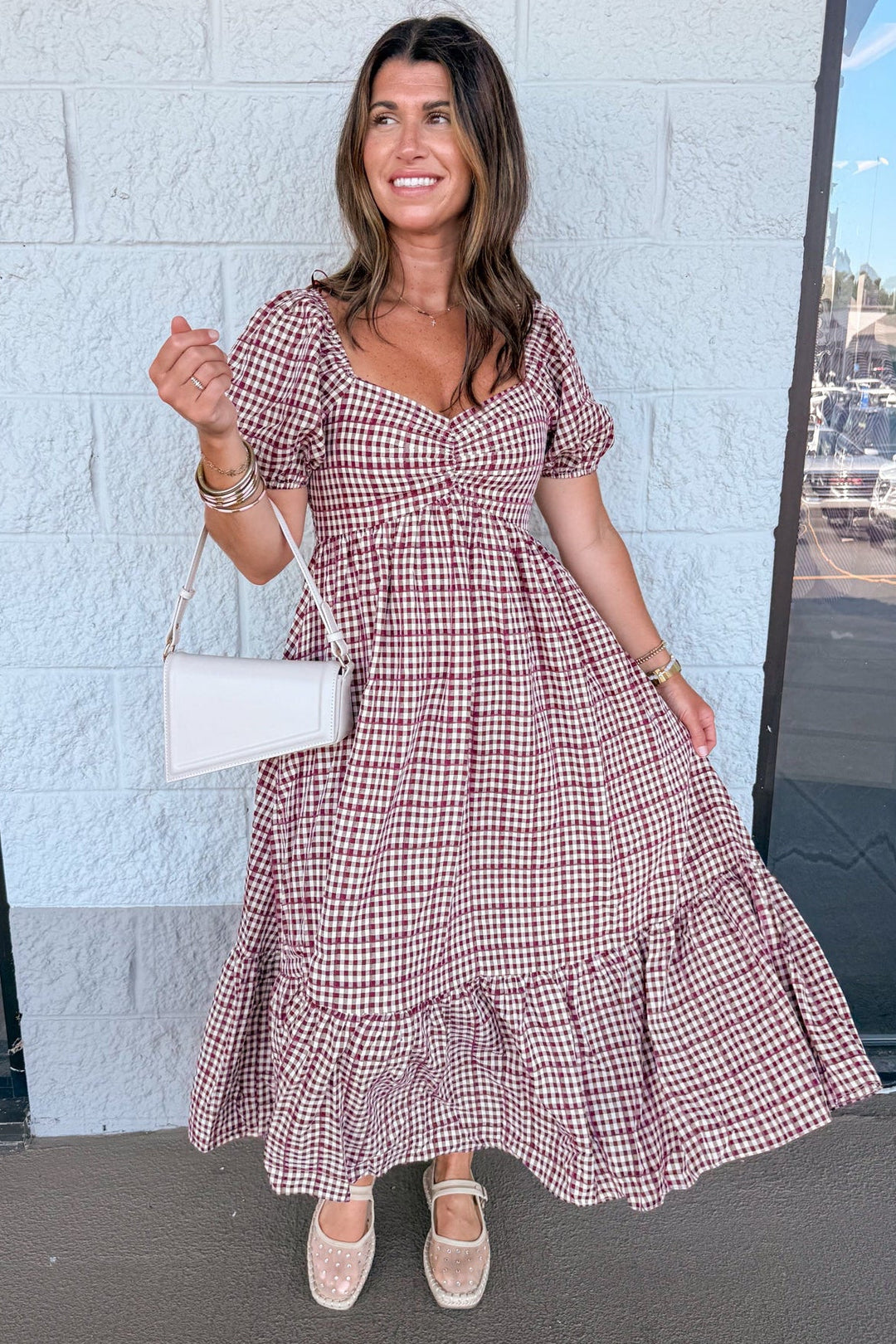 Burgundy And Cream Gingham Midi Dress With Puff Sleeves Large
