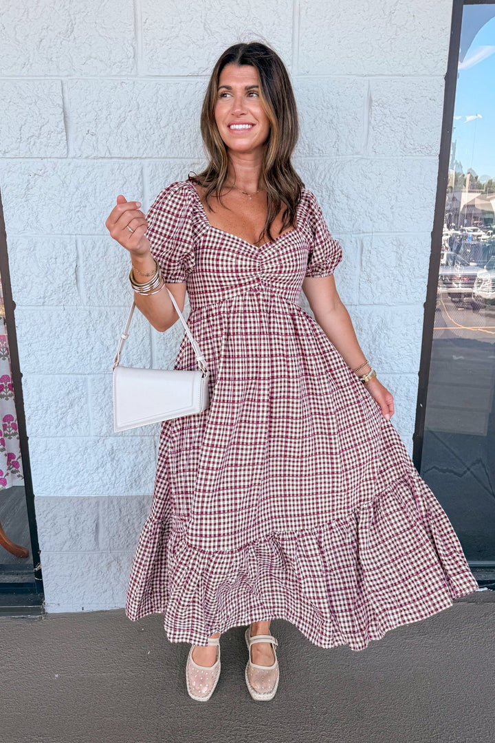 burgundy ivory gingham smocked chest back midi dress