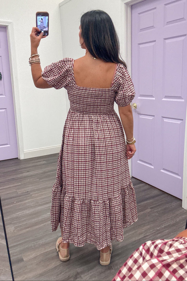 burgundy ivory gingham smocked chest back midi dress back view