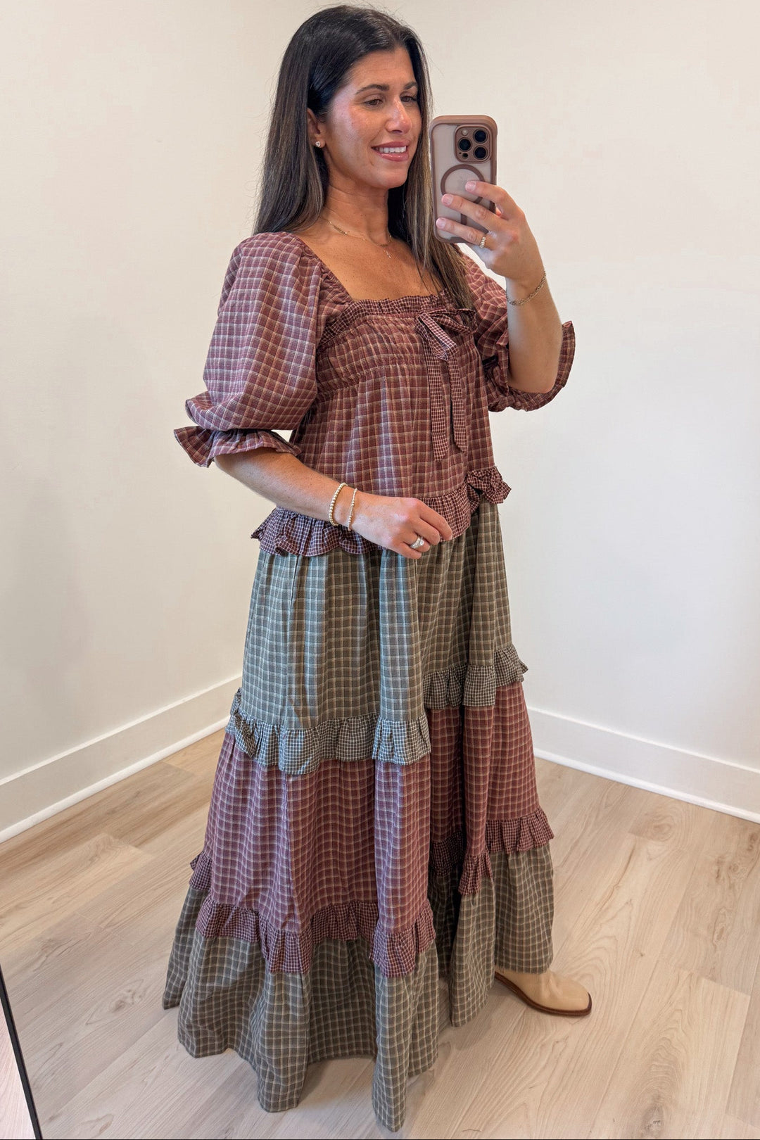 burgundy and olive green colorblock plaid print cuffed short puff sleeve tiered midi dress
