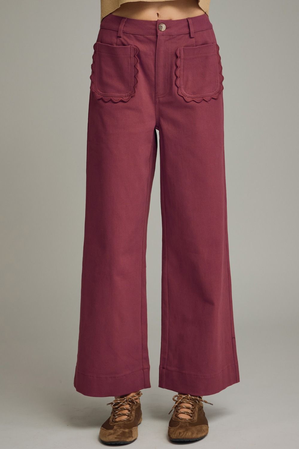 Entro burgundy twill denim wide leg pants with scalloped details