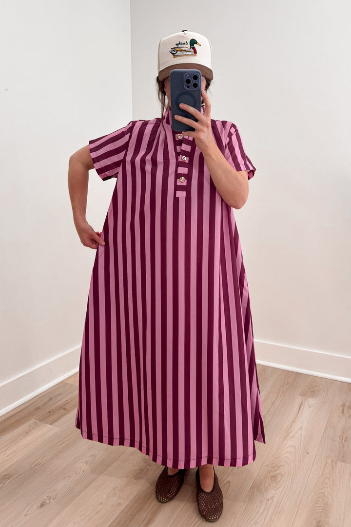 pink burgundy striped midi dress relaxed 