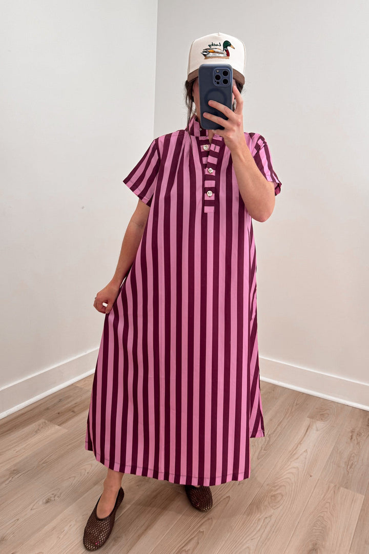 pink burgundy striped midi dress