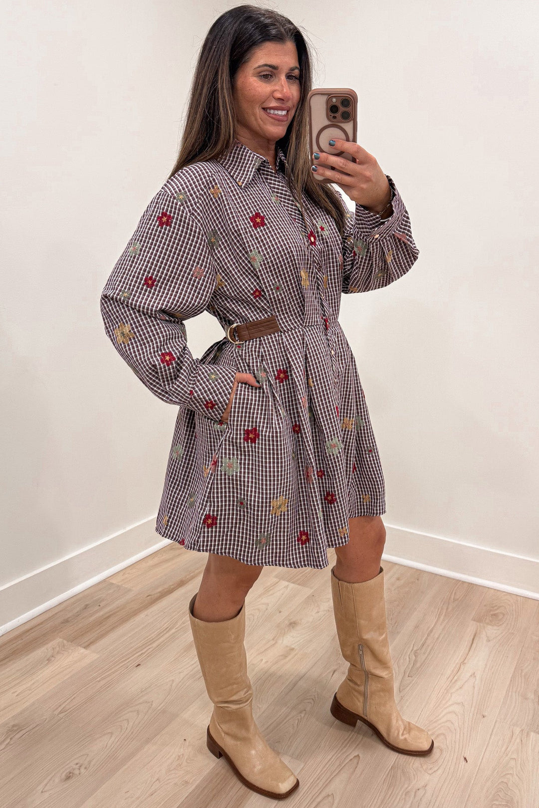 burgundy and white plaid print with floral embroidery long sleeve button front mini dress with side pockets