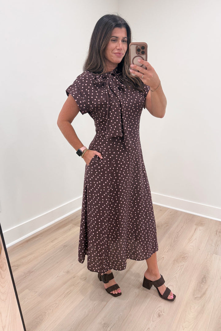maroon burgundy polka dot midi dress side