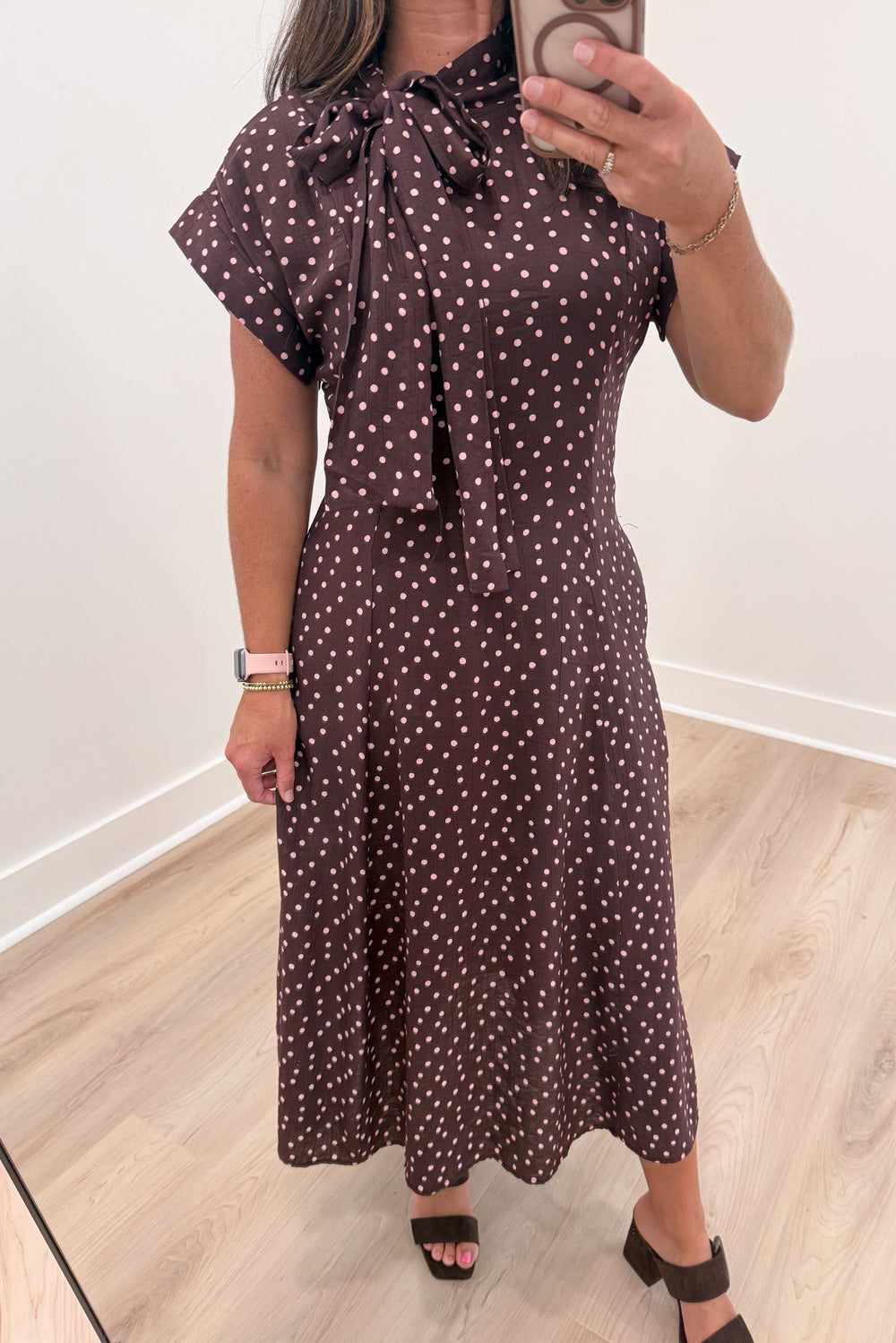 maroon burgundy polka dot midi dress with bow neck tie