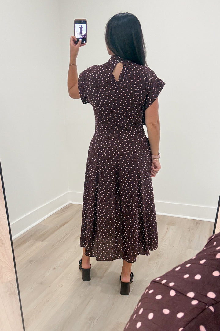 maroon burgundy polka dot midi dress back