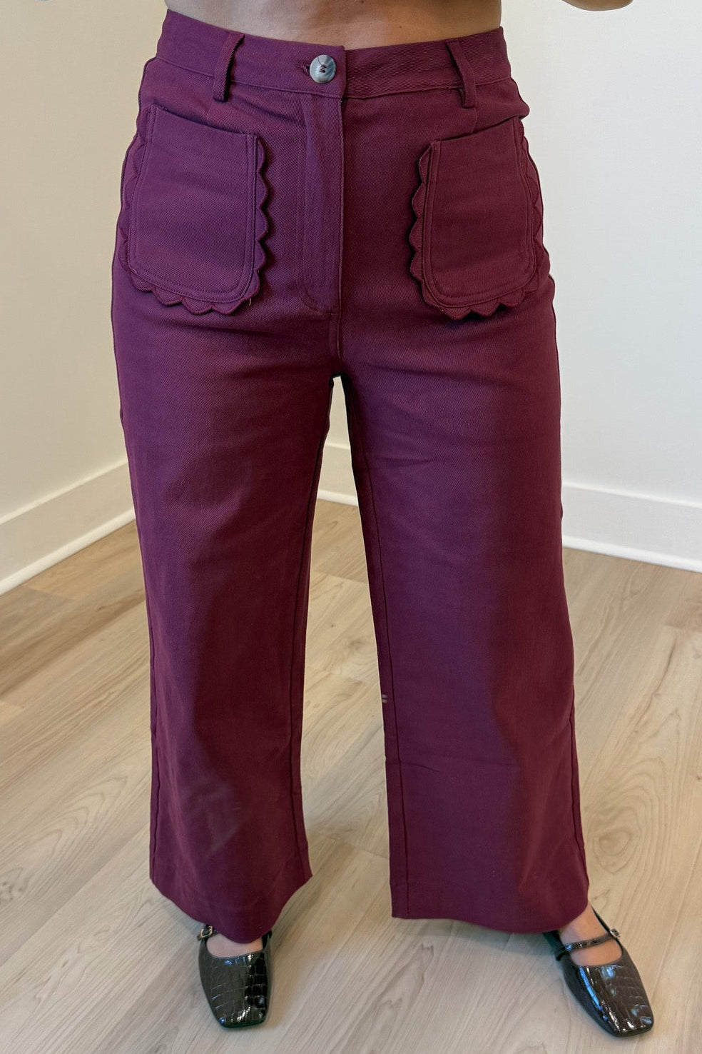 solid burgundy scalloped embroidery trim wide leg high waisted twill denim pants with front patch pockets