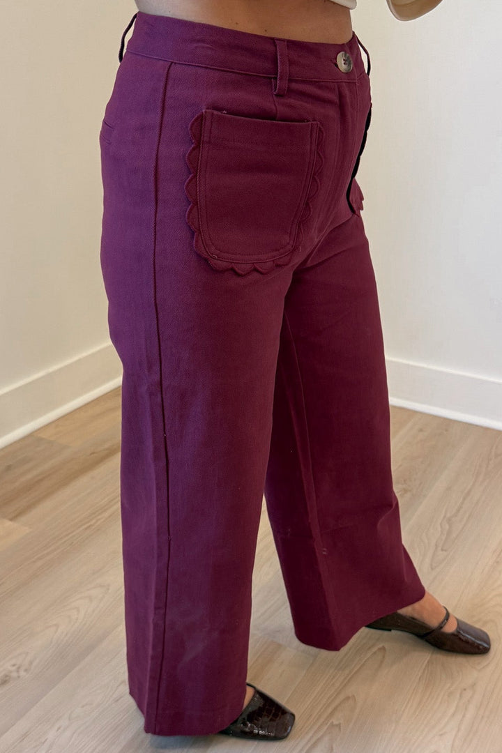 solid burgundy scalloped embroidery trim wide leg high waisted twill denim pants with belt loops