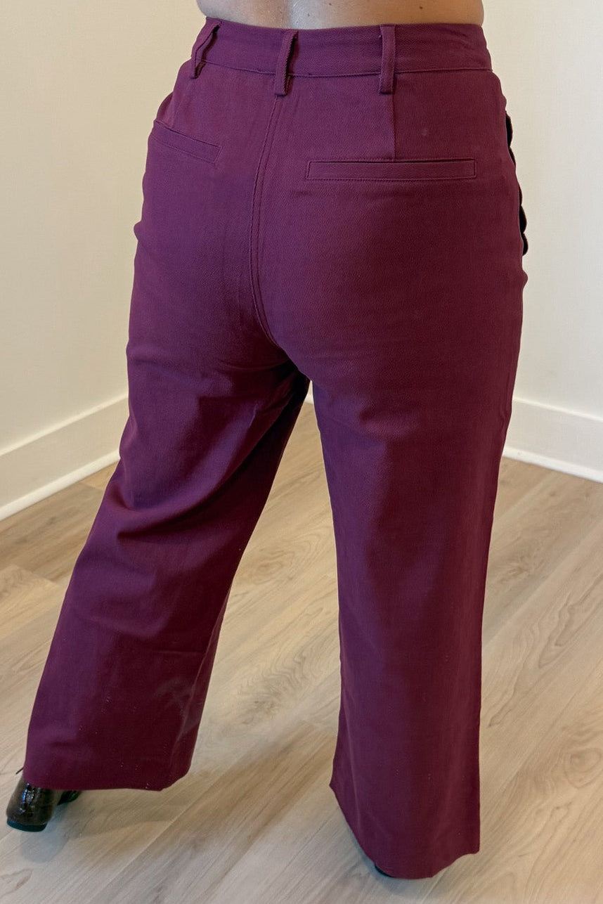solid burgundy scalloped embroidery trim wide leg high waisted twill denim pants with faux back pockets