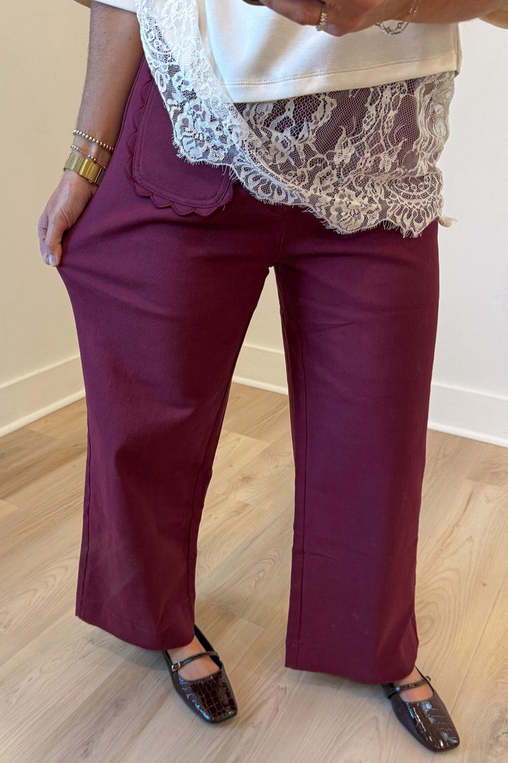 solid burgundy scalloped embroidery trim wide leg high waisted twill denim pants with button zipper closure