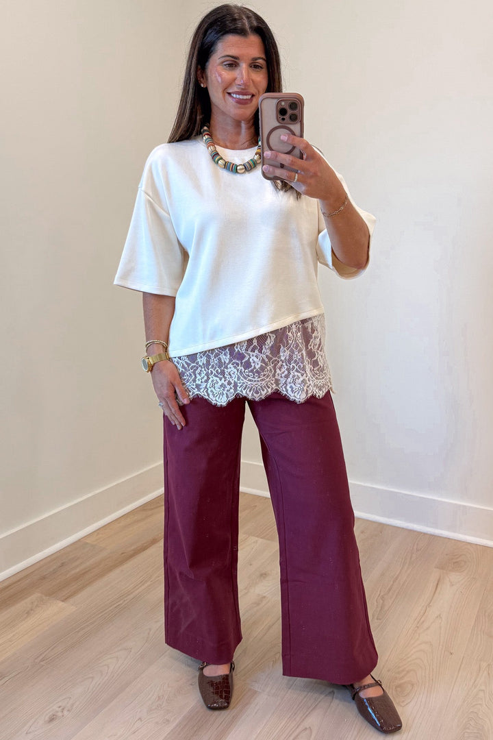 solid burgundy scalloped embroidery trim wide leg high waisted twill denim pants
